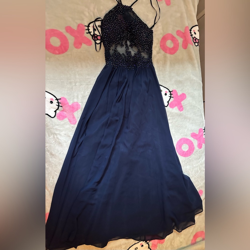 Women’s Laura Petite Navy blue mesh halter top and open back prom dress size 2